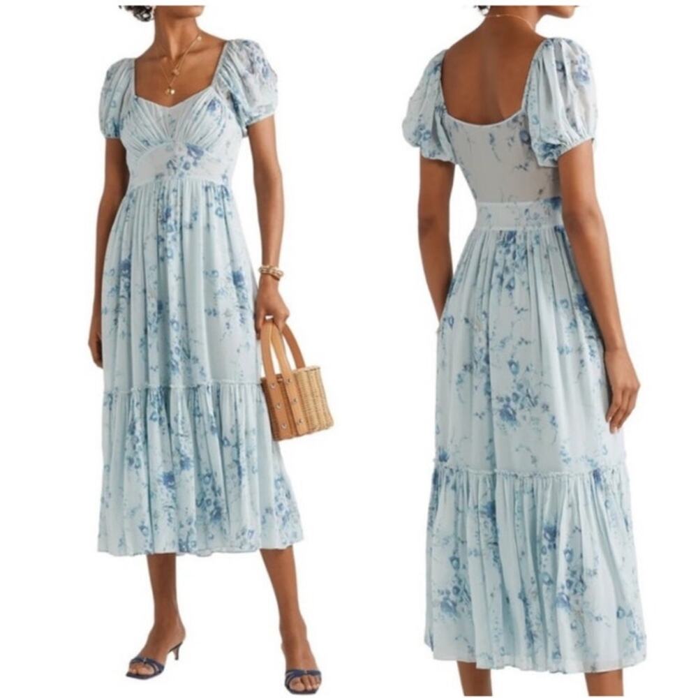 Love Shack Fancy Silk Floral Angie Blue Celestia Puff Sleeve Midi Dress Size 0‎